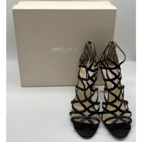 Jimmy Choo Black Metallic Lizard-Print Suede Strappy Sandal Heel sz 39
